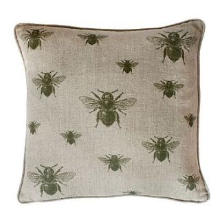 green repeating bee on natural linen cushion by natural history