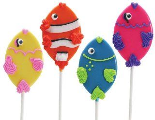 Fish Lollipals, Eight Cute Fish Shaped Pops Blue, Red, Pink, and Yellow. Four Great Flavors Blueberry, Orange, Bubblegum, and Lemon Great for Birthday Parties or Gift Giving Fun, Fully Edible, Made in the USA  Suckers And Lollipops  Grocery & Gourm