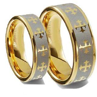 Tungsten Carbide His (8mm) & Hers (6mm) Gold Celtic Cross Engraved Wedding Ring Band Set: Jewelry