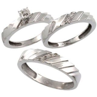 10k White Gold 3 Pc. Trio His (5mm) & Hers (4mm) Diamond Wedding Ring Band Set, w/ 0.075 Carat Brilliant Cut Diamonds (Ladies' Sizes 5 10; Men's Sizes 8 to 14): Jewelry