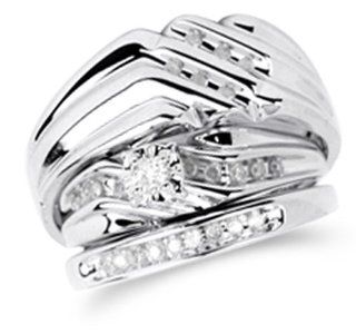 14K White Gold Diamond Mens and Ladies Couple His & Hers Trio 3 Three Ring Bridal Matching Engagement Wedding Ring Band Set   Solitaire Setting w/ Channel Set Round Diamonds   (1/3 cttw)   SEE "PRODUCT DESCRIPTION" TO CHOOSE BOTH SIZES Jewel
