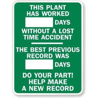SmartSign Aluminum Sign, Legend "Plant Worked_Days Without Accident Best Record_", 18" high x 12" wide, White on Green: Yard Signs: Industrial & Scientific