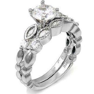 Bold and Beautiful Design: Silver Wedding Ring Set, Round Cut and Marquise Cut Cubic Zirconia: Jewelry
