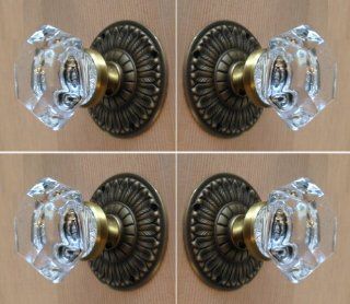 Two Complete sets of Old Town 24% Lead Crystal Six Point Princess French Door Knob Sets with Oil Rubbed Brass Over Solid Brass 3" Estate type Rosettes Highlighted with a natural brass knob stem   Doorknobs  