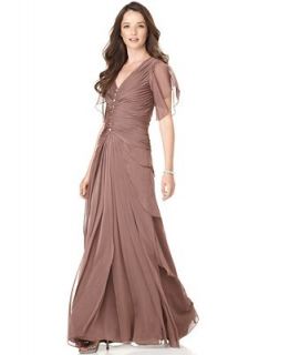 Adrianna Papell Dress, Short Flutter Sleeve Pleated Buttoned Tiered Evening Gown   Dresses   Women