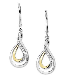 14k Gold and Sterling Silver Earrings, Diamond Accent Swirl Teardrop   Earrings   Jewelry & Watches