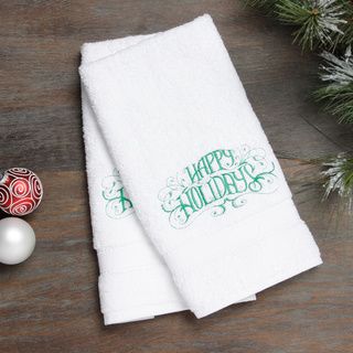Embroidered Happy Holidays Green Turkish Cotton Hand Towels (Set of 2) Bath Towels