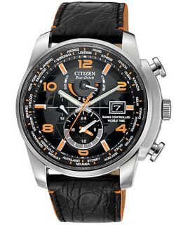 Citizen Mens Eco Drive World Time A T Black Leather Strap Watch 43mm AT9010 28F   Watches   Jewelry & Watches