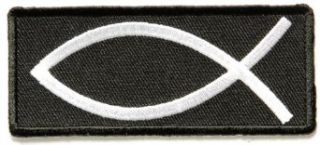 Embroidered Iron On Patch   Black & White Christian Symbol Jesus Fish 3" x 1.5" Patch: Clothing