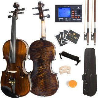 Mendini 4/4 MV500+92D Flamed 1 Piece Back Solid Wood Violin with Case, Tuner, Shoulder Rest, Bow, Rosin, Bridge and Strings   Full Size: Musical Instruments