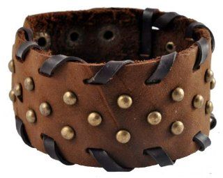 Brass Stud Wide Brown Leather Bracelet / Leather Wristband / Surf Bracelet #137: Wrap Bracelets: Jewelry