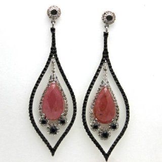 Rose Cut Pink Sapphire Black, White Diamond Dangle Earrings Jewelry