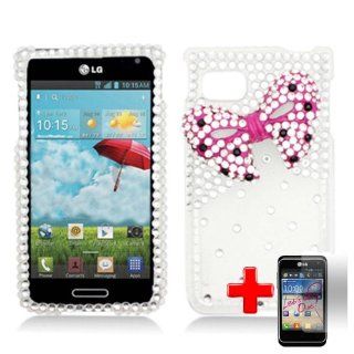 LG Optimus F3 LS720 / MS659 (Sprint/MetroPCS/T Mobile) 2 Piece Snap On Rhinestone/Diamond/Bling 3D Case Cover, Pink Bow Tie Silver/Transparent Cover + LCD Clear Screen Saver Protector: Cell Phones & Accessories