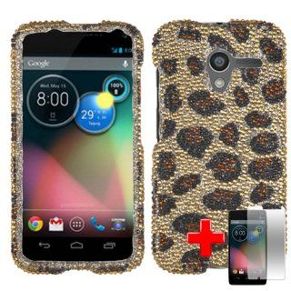 Motorola Moto X Phone (AT&T, US Cellular, Verizon, Sprint) 2 Piece Snap On Rhinestone/Diamond/Bling Case Cover, Black/Brown Cheetah Spot Pattern Gold Cover + LCD Clear Screen Saver Protector: Cell Phones & Accessories