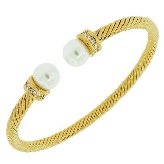 Yellow Gold Tone Open End Pearl White Crystals CZ Womens Bangle Bracelet: Jewelry