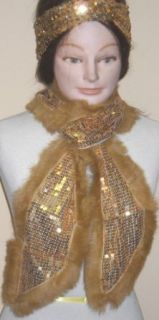 4fmg2.114, Gold Sequin Scarf Neck Warmer with Fringes Offered with Gold Sequin Head Band Fashion Scarves
