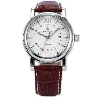 Orkina Mens White Dial Coffee Leather Sport Date Quartz Wrist Watch ORK107: Watches