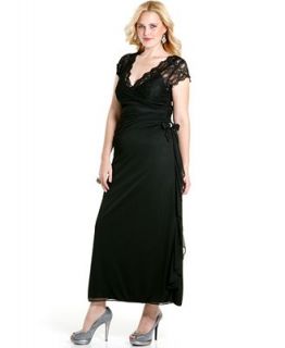 Betsy & Adam Plus Size Dress, Cap Sleeve Lace Ruched Ruffled Evening Gown   Dresses   Plus Sizes