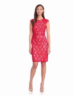 Adrianna Papell Women's Tonal Piped Lace Dress, Red, 4