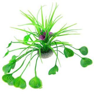 Aquarium Plastic Green Heart Shaped Leaf Purple Flower Accent Plants Decor 