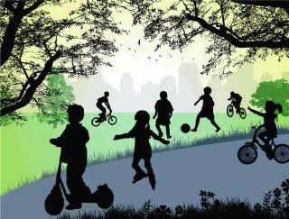 PRESCHOOL Daycare Mural Kids Playing With Ball Riding Bikes In The Park Bedroom Living Room Picture Art Graphic Design Image Vinyl Wall Decal Peel & Stick Sticker Mural Size : 16 Inches X 24 Inches   22 Colors Available   Wall Decor Stickers  