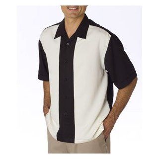 Cubavera Pieced Bedford Cord Camp Shirt   Black/Ivory, XL: Clothing