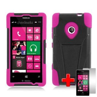 Nokia Lumia 521 (T Mobile) 2 Piece Soft Silicon Skin Hard Plastic Kickstand Shell Case Cover, Pink/Black + LCD Clear Screen Saver Protector: Cell Phones & Accessories
