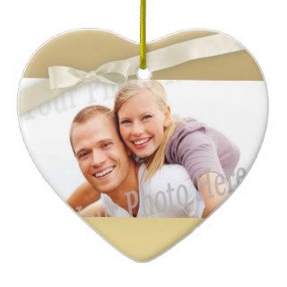 Gold Heart with Bow Photo Christmas Ornaments