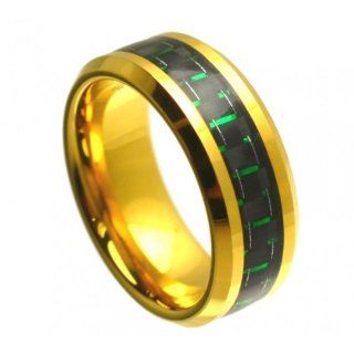 Yellow Gold Plated Green & Black Carbon Fiber Inlay Beveled Edge Tungsten Carbide Ring 8MM: Jewelry