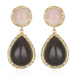 Gold Tone Onyx Pear drop Earring with Milky Pink CZ: CHELINE: Jewelry