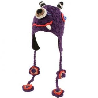 Winter Kids 7+ Cute One Eyed Monster Knit Trooper Trapper Ski Hat Cap Purple: Clothing
