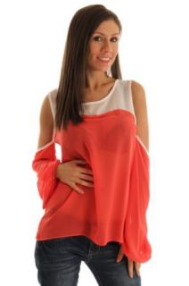 DHStyles Women's Trendy Sheer Cold Shoulder Tunic Top   Small   Coral, White