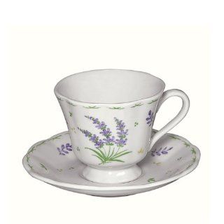 Tea Cup and Saucer   Andrea Sadek   Lavender Floral Design   3" Tall, Plate 5.25" Diameter Porcelain China: Kitchen & Dining