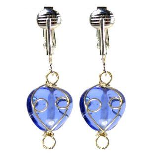 Designer Sapphire Blue Look Glass Valentines Clip Earrings with Handcrafted Wire Wrap Beads   Heart Shaped Party Jewelry Ladies   Teens Jewelry