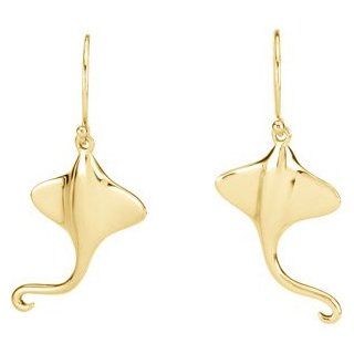 14K Solid Yellow Gold Stingray Dangle Earring: Jewelry