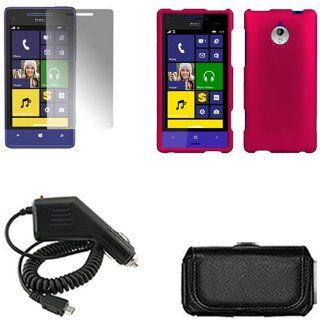 iFase Brand HTC 8XT Combo Rubber Rose Pink Protective Case Faceplate Cover + LCD Screen Protector + Rapid Car Charger + Black Horizontal Leather Pouch for HTC 8XT: Cell Phones & Accessories