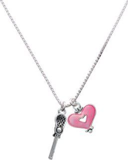 3 D Lacrosse Stick and Ball and Trasnlucent Pink Heart Charm Necklace [Jewelry] Pendant Necklaces Jewelry