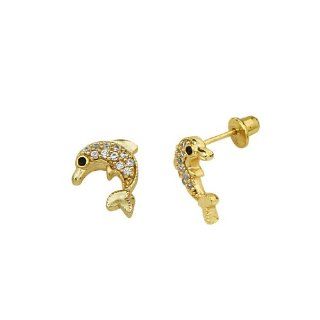 14K Yellow Gold Plated 10mm(H) x 8mm(W) CZ Dolphin Stud Earrings with Screw back for Children: The World Jewelry Center: Jewelry