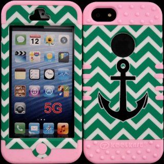 Hybrid Cover Case for Iphone 5 Anchor on Teal Chevron Pattern on Baby Pink Silicone Skin Gel Cell Phones & Accessories