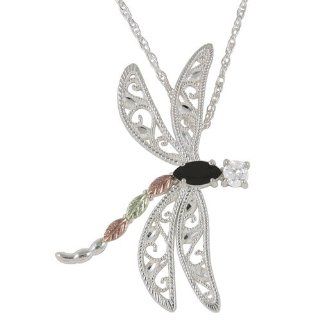 10k Black Hills Gold on Sterling Silver with 12k Gold Leaves Marquise and Round Onyx Dragonfly Pendant Necklace Women's Jewelry FREE STERLING SILVER CHAIN INCLUDED: Jewelry