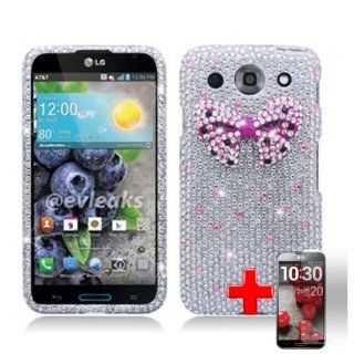 LG E980 Optimus G Pro (AT&T) 2 Piece Snap On 3D Rhinestone/Diamond/Bling Hard Shell Case Cover, Pink Bow Tie Silver Cover + LCD Clear Screen Saver Protector Cell Phones & Accessories