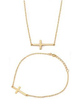 22mm Designer (Horizontal) Sideways Holy Cross 18K GOLD PLATED .925 Italian Sterling Silver w/ MATCHING Chain Necklace, Pendant, Bracelet SET GIFT Combo (Light weight/Feather weight Design): Jewelry