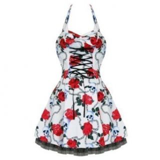 Damen Kleid Hearts And Roses London Weies Gothic Totenkopf Rosen Mini Party Ball Kleid   keine Angabe, EU 44   XL: Bekleidung