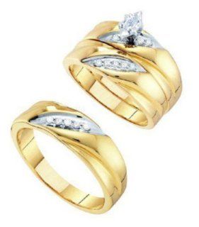 0.25 cttw 10k Yellow Gold Diamond Marquise Engagement Ring and Wedding Band Set Trio His and Hers Channel Setting (Real Diamonds: 1/4 cttw, Ring Sizes 4 13): Jewelry