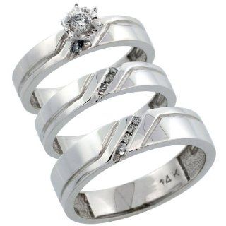 14k White Gold 3 Piece Trio His (5mm) & Hers (4mm) Diamond Wedding Ring Band Set w/ 0.19 Carat Brilliant Cut Diamonds; (Ladies Size 5 to10; Men's Size 8 to 14): Jewelry