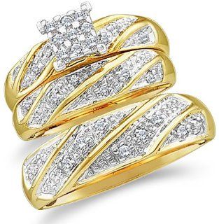 10k Yellow and White 2 Two Tone Gold Mens and Ladies Couple His & Hers Trio 3 Three Ring Bridal Matching Engagement Wedding Ring Band Set   Round Diamonds   Princess Shape Center Setting (1/4 cttw): Jewelry