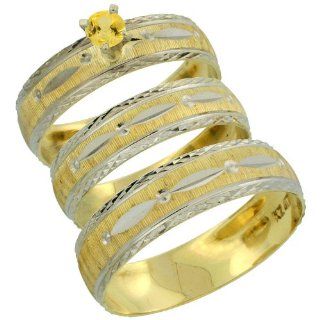 10k Gold 3 Piece Trio Yellow Sapphire Wedding Ring Set Him & Her 0.10 ct Rhodium Accent Diamond cut Pattern, Ladies Size 5: Jewelry