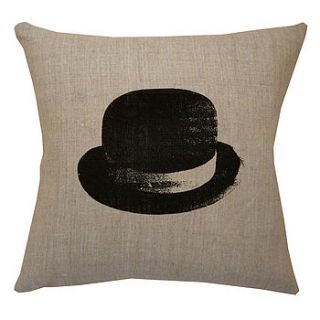 retro bowler hat natural linen cushion by acacia design