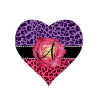 Monogram pink and purple leopard pattern pink rose sticker