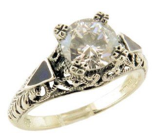 Art Deco Style Sterling Silver .85ct Cubic Zirconia and Enamel Ring: Art Deco Rings For Women: Jewelry
